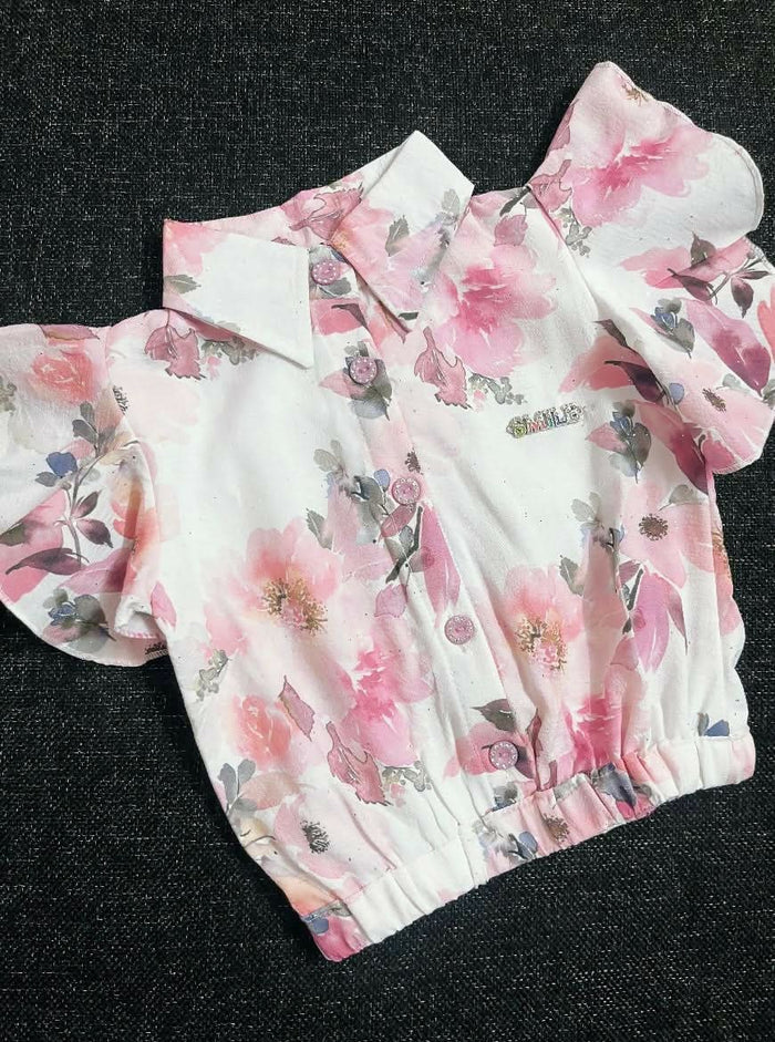 Girls' Floral Print Crop Top, Puff Sleeves, White and Pink, Collared Button-Down