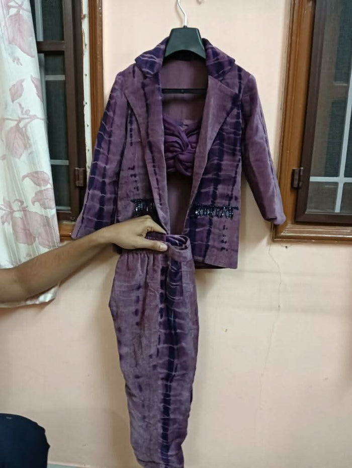 LITTLE THREADS Designer Purple Velvet 3 Piece Jacket with Inner and Pant - PyaraBaby