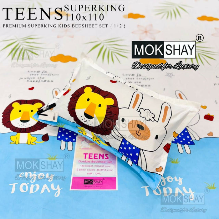 Mokshay Teens kids bedsheets with cartoon designs on a colorful background
