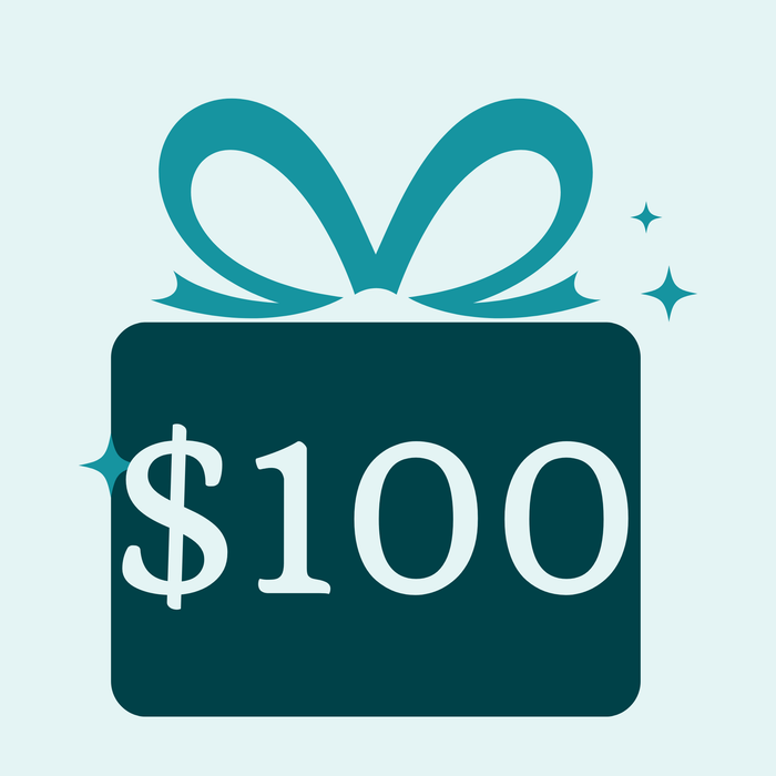 Graphic of a gift with a teal bow and '$100' text on a light blue background