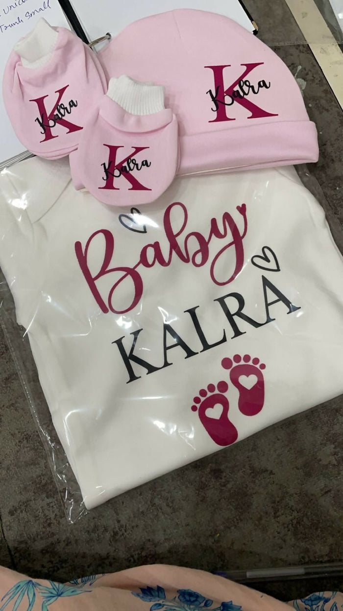 Personalised Romper with Mittens & Cap Set