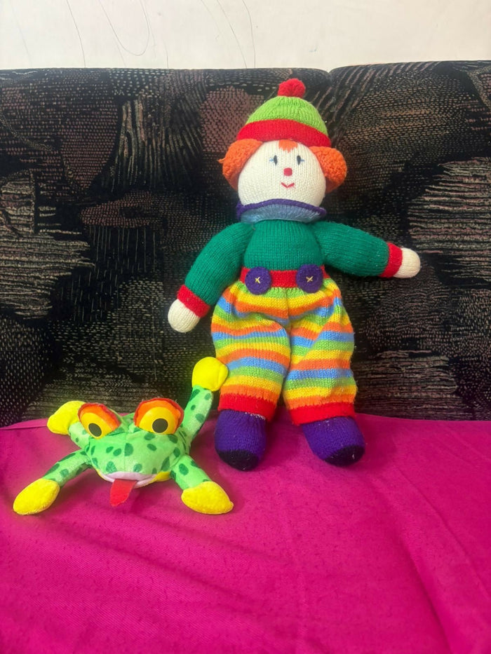 Soft toy combo featuring a frog and joker plush toy with soft cuddly fabric, colorful designs, and child-friendly construction for playtime, gifting, and comfort.