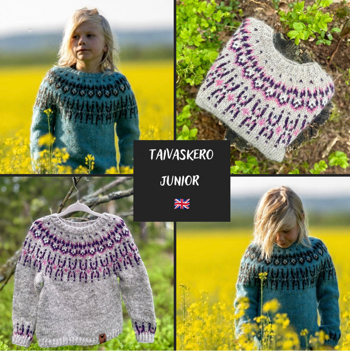 A four-panel collage showing a children's stranded colorwork knit sweater in two colorways: a teal-blue version worn by a child outdoors in a yellow flower field, a light gray version hanging on a branch, and a central black label reading 'TAIVASKERO JUNIOR' with a small Union Jack flag.