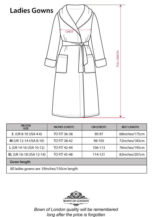 Women's Hooded Extra Long Dressing Gown - Miami Size Chart