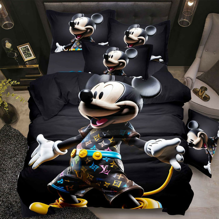 Mickey Mouse-themed bedding set with decorative pillows on a bed.