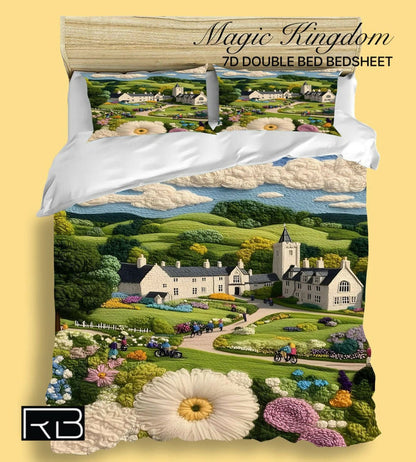Bed sheets with a scenic design of a castle and garden