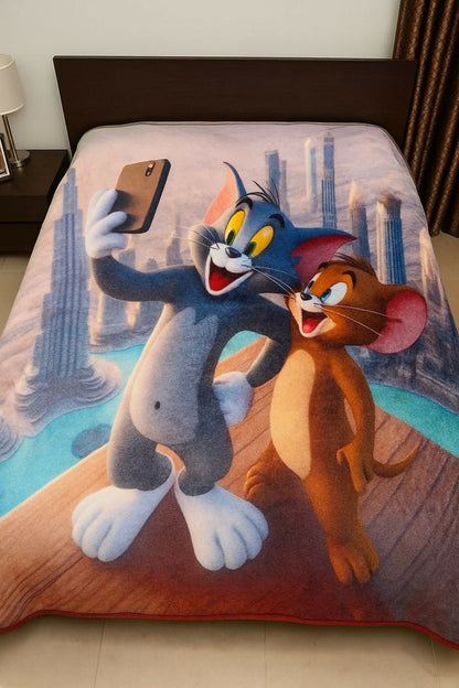 Blanket with cartoon characters taking a selfie on a bed