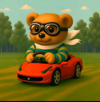 Cartoon bear driving a red car with a forest background