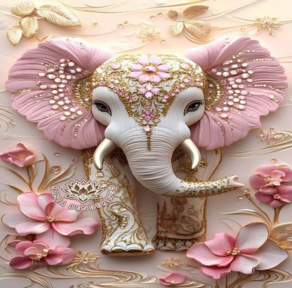 Decorative elephant with pink and gold embellishments on a floral background