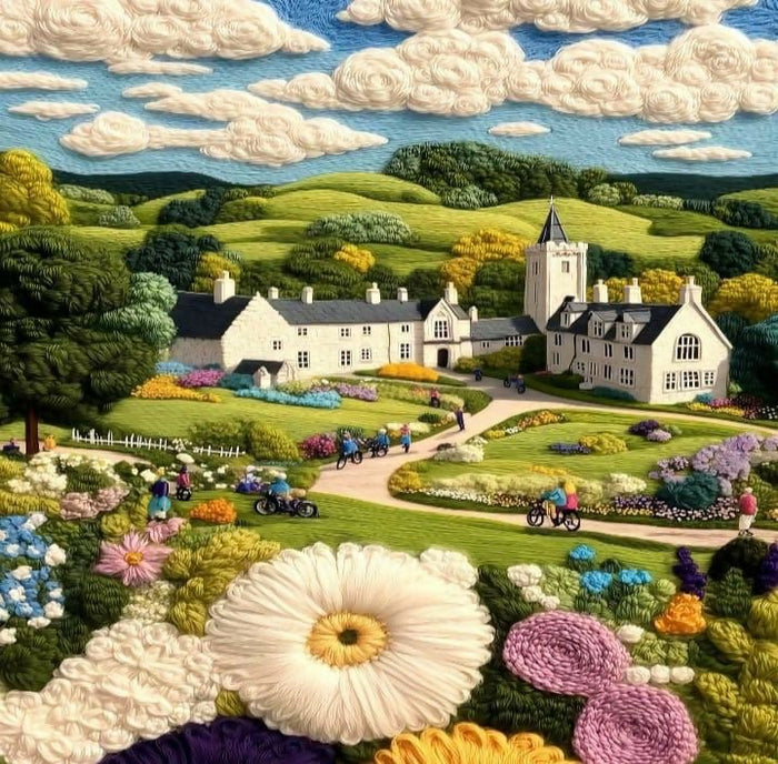 Colorful embroidered landscape with a large white house, gardens, and people walking.