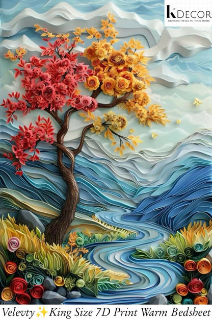 Decorative bedding sheet with a tree design featuring red and yellow leaves on a blue landscape background.