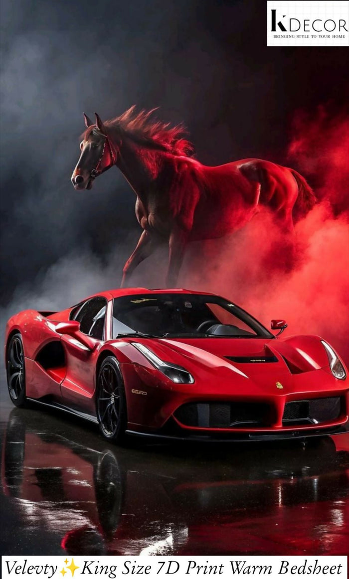 Red sports car with a horse in a dark background bedsheet.