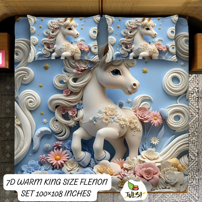 Unicorn-themed bedding set with flowers on a blue background,