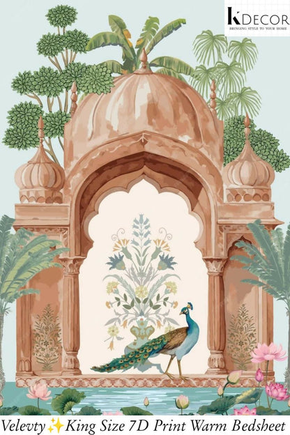 Decorative bedsheet with peacock design and architectural elements bedsheet.