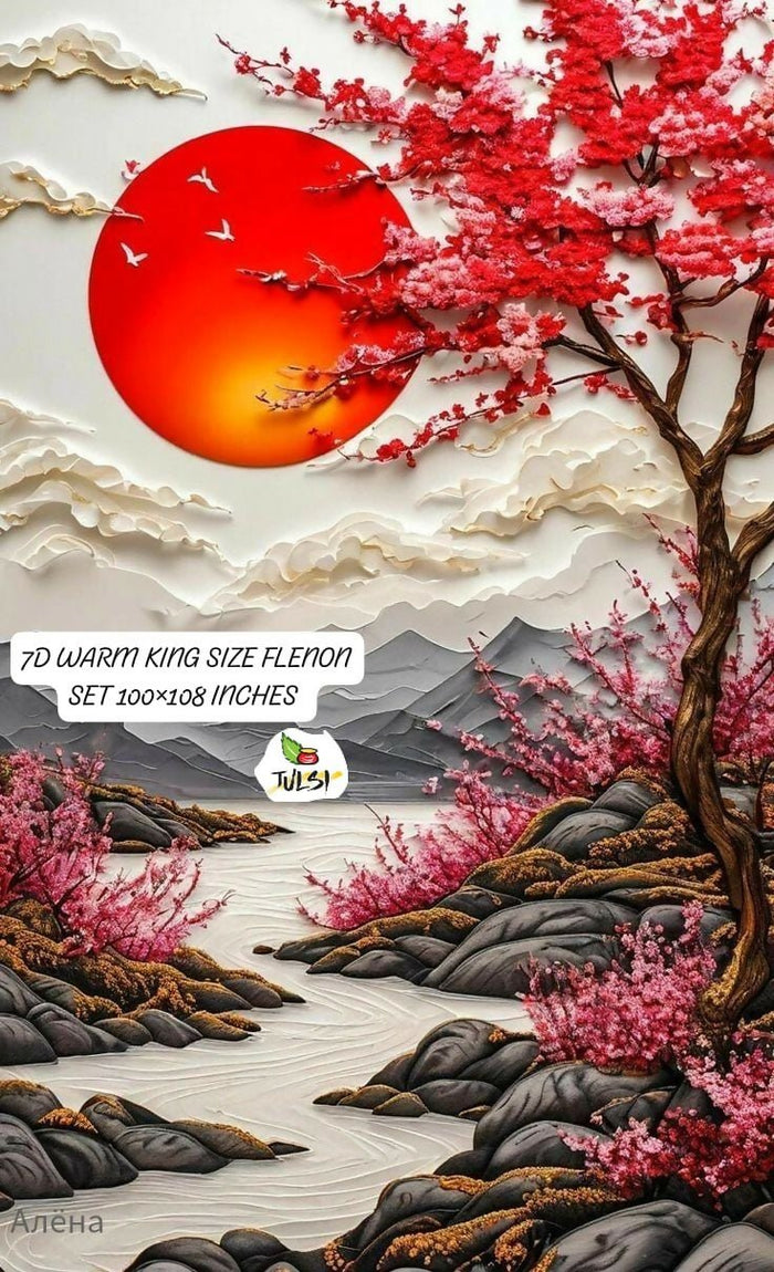 Decorative design with cherry blossoms, a red sun, and mountains bedsheet