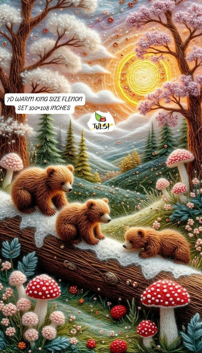 Three bears on a log in a snowy forest with mushrooms and trees bedsheet