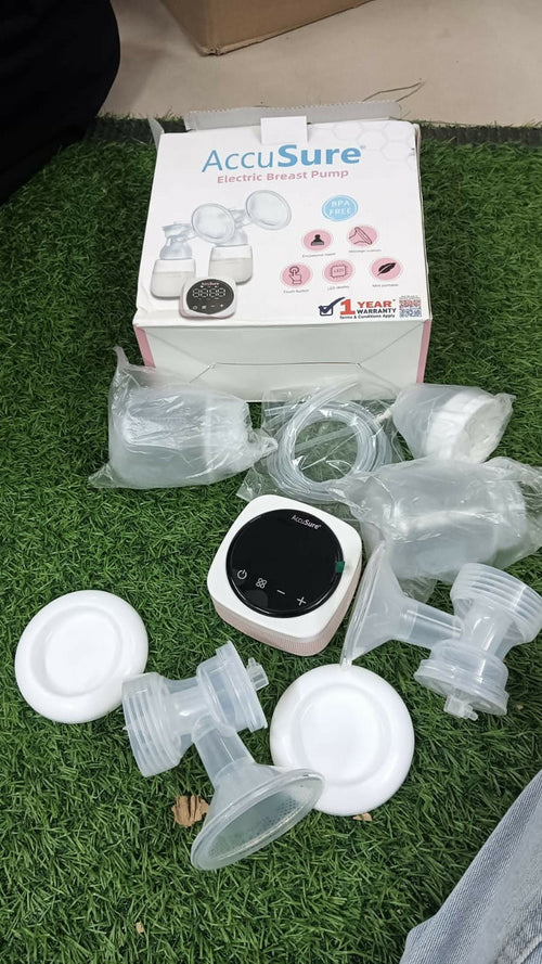 ACCUSURE electric double breast pump with dual milk collection, adjustable suction levels, soft breast shields, and efficient milk expression for comfortable breastfeeding support.