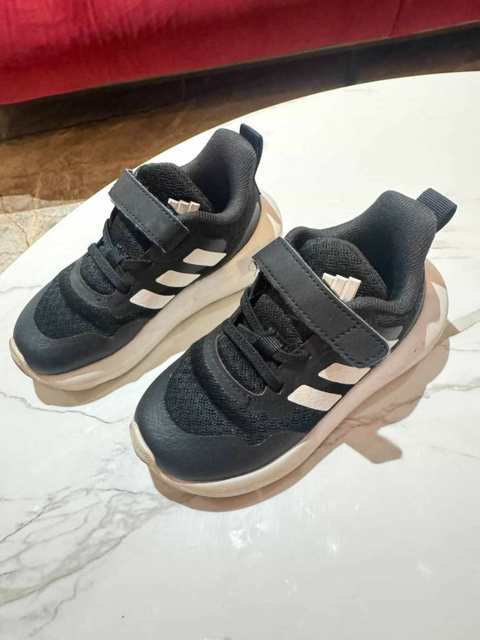Adidas kids running shoes black with white stripes, UK 8K size, gently used, cloudfoam sole