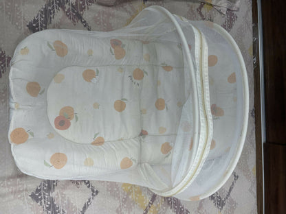 Baby bedding with mosquito net featuring a soft mattress, pillow, breathable fabric, and protective mosquito net for a cozy, comfortable, and secure sleeping space for babies.
