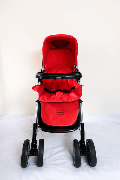 Babyhug 2-in-1 Rock and Roll stroller with rocker mode, reversible handle, reclining seat, 5-point safety harness, adjustable canopy, and smooth wheels for comfortable rides.