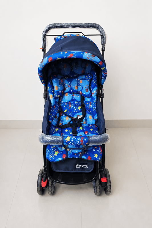 BABYHUG Cosy Cosmo Stroller/Pram with a lightweight foldable frame, reclining seat, adjustable canopy, 5-point safety harness, smooth wheels, and spacious storage basket for comfortable everyday travel with babies and toddlers.
