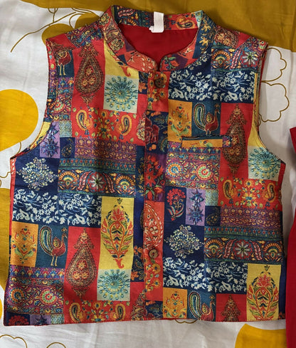 Colorful patchwork vest on a mannequin against a yellow and white background