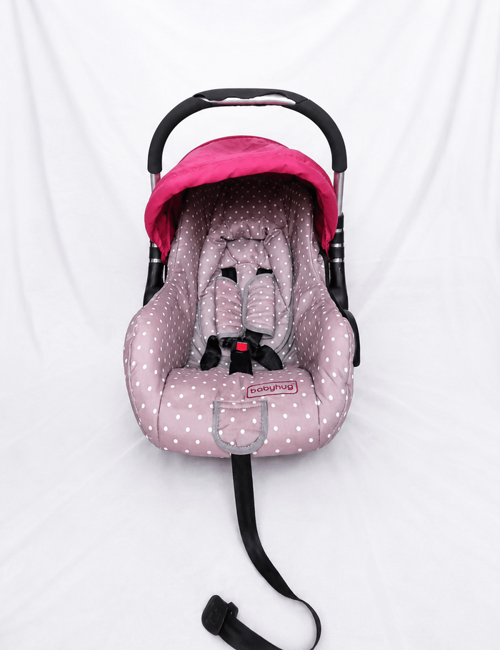 BABYHUG infant car seat carry cot with baby carrier function, rear-facing design, cushioned seat, secure safety harness, and carry handle for newborns and infants up to 13 kg.