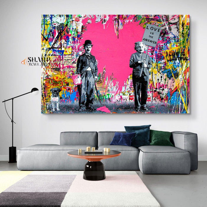 Banksy Chaplin And Einstein Love Is The Answer Graffiti Wall Art Canvas - SharpWallArts