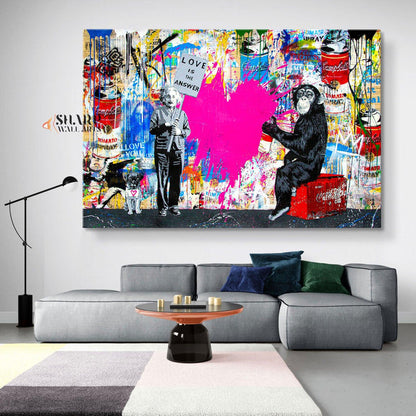 Banksy Einstein And Monkey Love Is The Answer Graffiti Wall Art Canvas - SharpWallArts