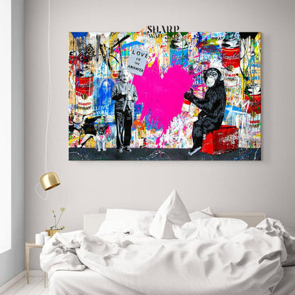 Banksy Einstein And Monkey Love Is The Answer Graffiti Wall Art Canvas - SharpWallArts