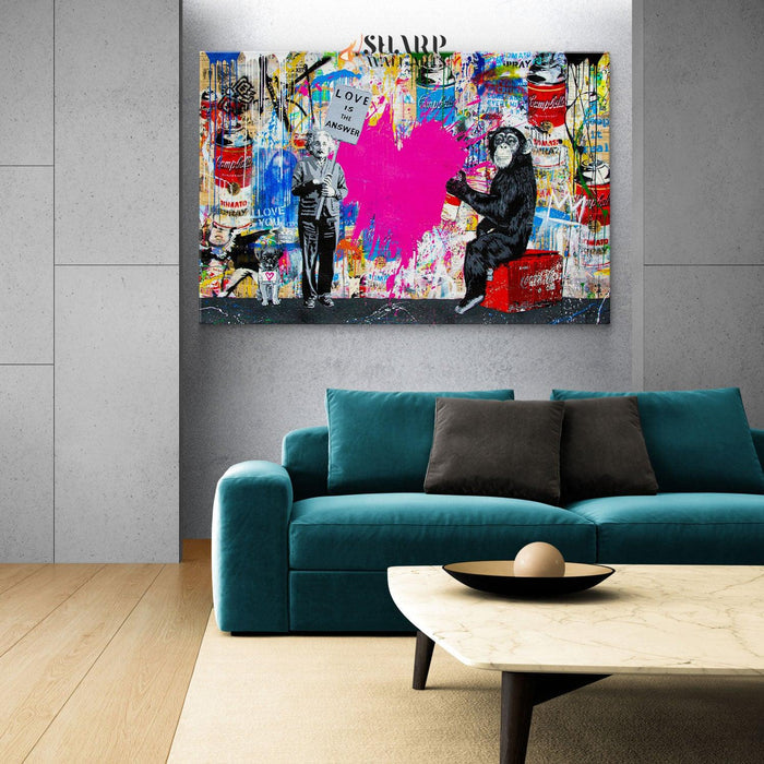 Banksy Einstein And Monkey Love Is The Answer Graffiti Wall Art Canvas - SharpWallArts