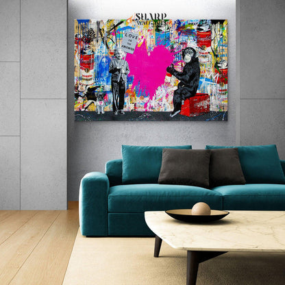 Banksy Einstein And Monkey Love Is The Answer Graffiti Wall Art Canvas - SharpWallArts
