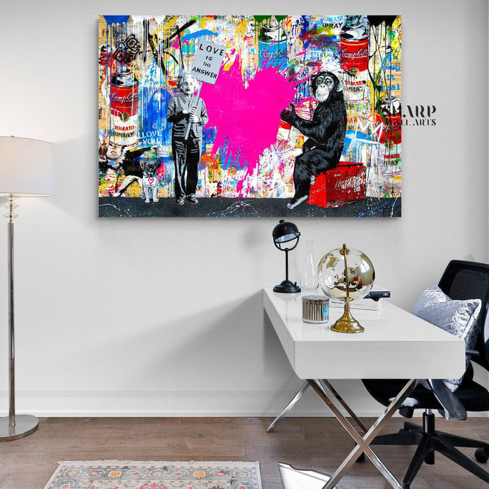 Banksy Einstein And Monkey Love Is The Answer Graffiti Wall Art Canvas - SharpWallArts