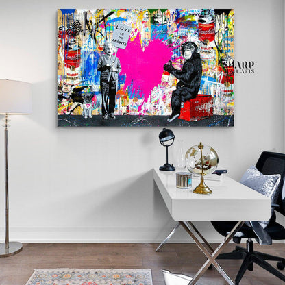 Banksy Einstein And Monkey Love Is The Answer Graffiti Wall Art Canvas - SharpWallArts