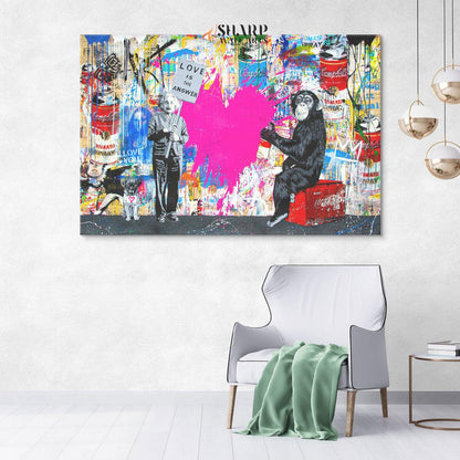 Banksy Einstein And Monkey Love Is The Answer Graffiti Wall Art Canvas - SharpWallArts