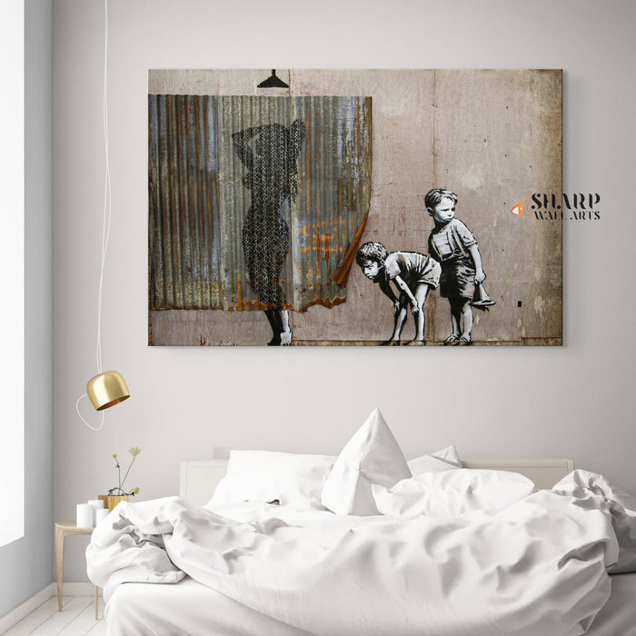 Banksy Lady Shower Peeping Tom Boys Canvas Wall Art