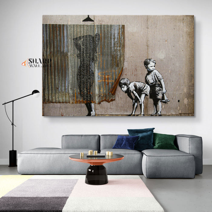 Banksy Lady Shower Peeping Tom Boys Canvas Wall Art