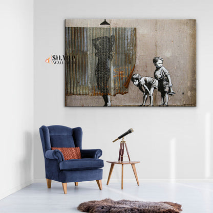 Banksy Lady Shower Peeping Tom Boys Canvas Wall Art