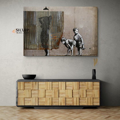 Banksy Lady Shower Peeping Tom Boys Canvas Wall Art