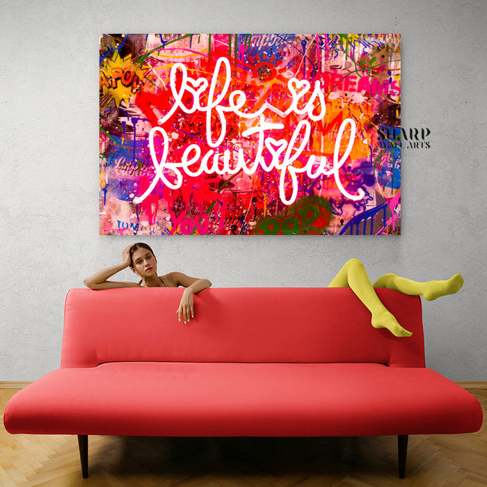 Banksy Life Is Beautiful Neon Sign Canvas Wall Art