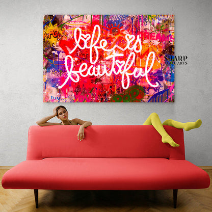 Banksy Life Is Beautiful Neon Sign Canvas Wall Art