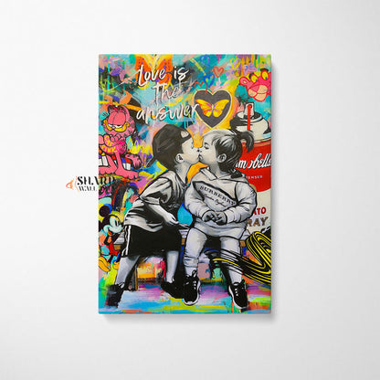 Banksy Love Is The Answer Kissing Kids Canvas Wall Art