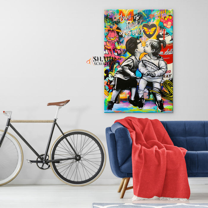 Banksy Love Is The Answer Kissing Kids Canvas Wall Art