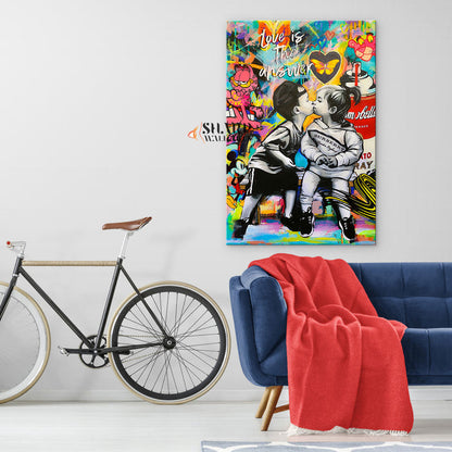 Banksy Love Is The Answer Kissing Kids Canvas Wall Art