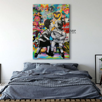Banksy Love Is The Answer Kissing Kids Canvas Wall Art