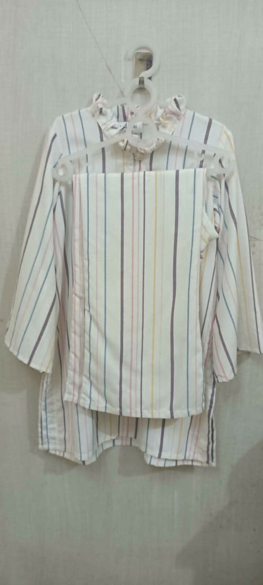 Beautiful White Color with Pink and Blue Stripes Cord Set for Baby Girl - PyaraBaby