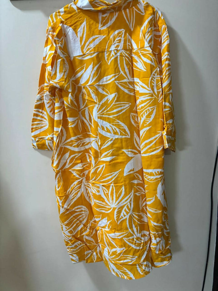 BELLA MAMA tropical leaf maternity shirt dress – nursing-friendly, comfy, and wearable beyond pregnancy.