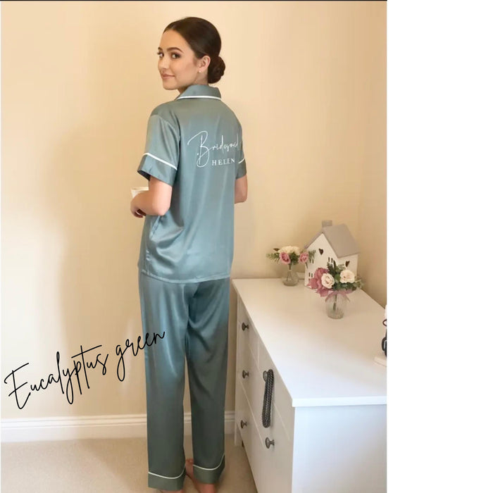 Bridesmaid matte satin long trouser short sleeved Pyjama Set, custom wedding pyjamas