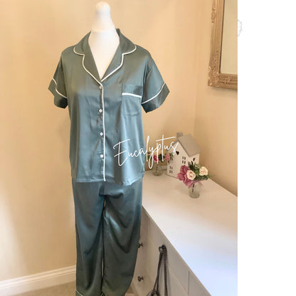 Bridesmaid matte satin long trouser short sleeved Pyjama Set, custom wedding pyjamas