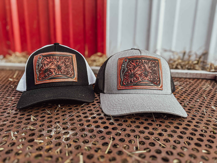 Bridle Bit and Daisy Tooled Leather Patch Cap